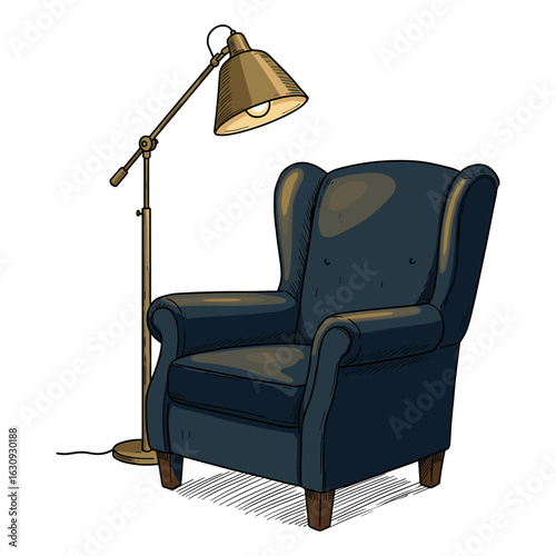 Cozy wingback armchair with brass floor lamp. Vector illustration