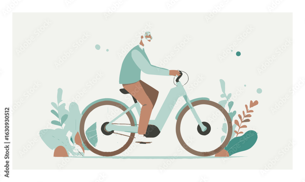 Fototapeta premium Vintage Man Riding Bicycle in Nature and Cartoon Style Illustration