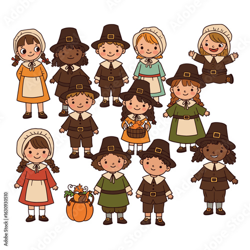 Diverse group of children in pilgrim costumes celebrating harvest festival. Vector illustration