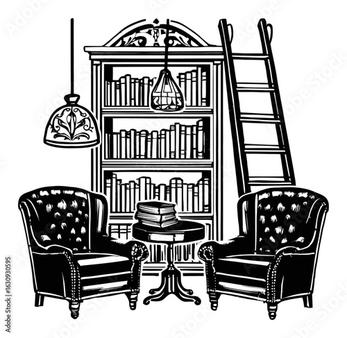 Elegant Engraving of Vintage Library with Chairs and Bookshelf Design