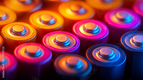 Row of brightly hued batteries shines with stored energy, celebrating portable power in a spectrum of color.