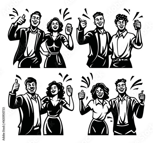 Engaging Celebration with Happy Friends and Thumbs Up Gesture Illustration