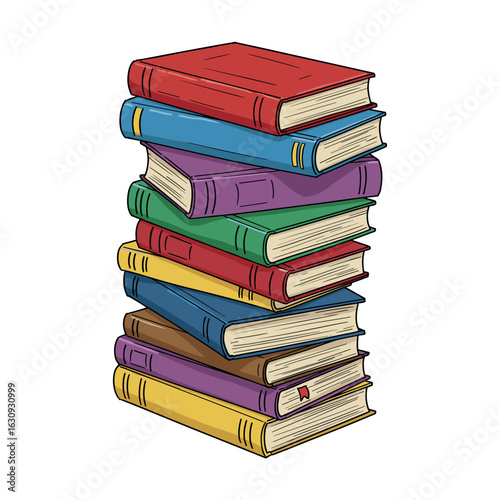 Colorful stack of vintage books in various shades and sizes. Vector illustration