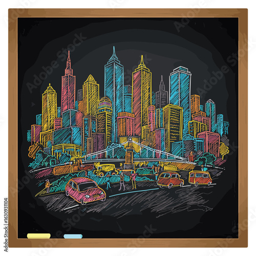 Colorful cityscape chalk drawing on blackboard with skyline and vehicles. Vector illustration