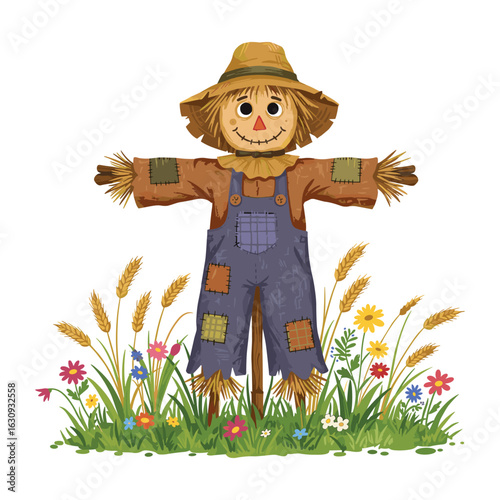 Cheerful scarecrow with straw hat in wheat field with colorful flowers. Vector illustration
