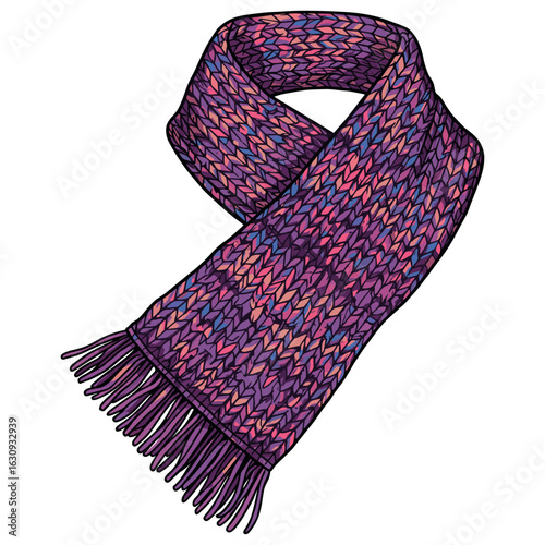 Colorful knitted scarf with fringe pattern in purple and pink tones. Vector illustration