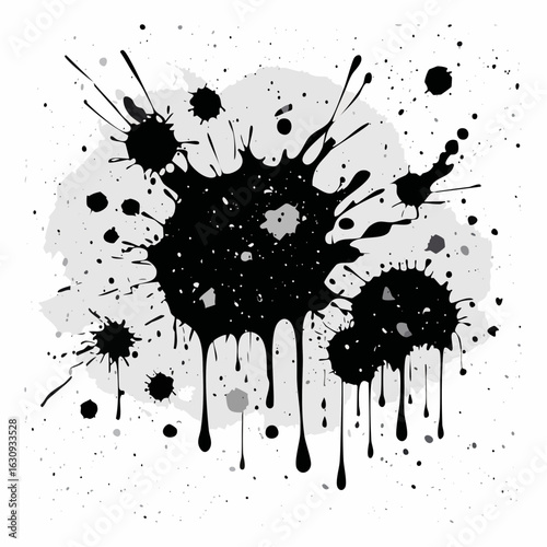 Vector collection of black ink splashes, dripping paint blobs, and grunge texture stains isolated on a white background