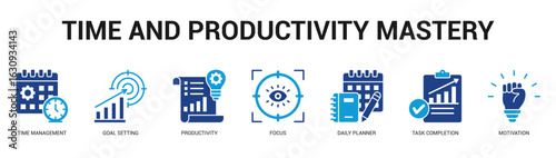 Time and Productivity Mastery Modern and clean web banner illustration featuring thematic icons for visual communication
