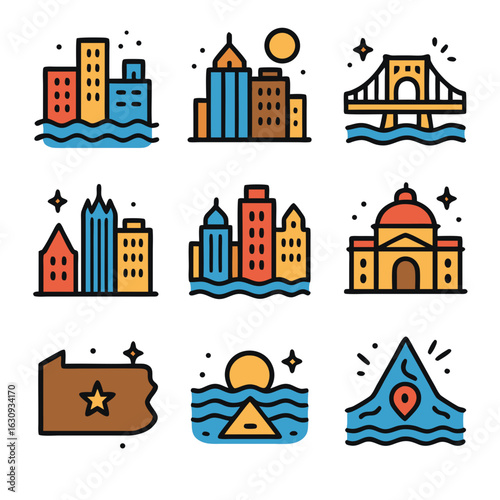 Pittsburgh skyline with stylized city and landscape icons, bridges, and skyscrapers. Suitable for citythemed designs, travel promotions, and tourism materials.