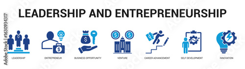 Leadership and Entrepreneurship Modern and clean web banner illustration featuring thematic icons for visual communication