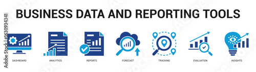 Business Data and Reporting Tools Modern and clean web banner illustration featuring thematic icons for visual communication