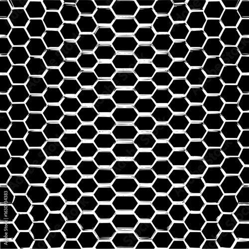 Dense arrangement of white hexagons creating a honeycomb pattern on a black background design element