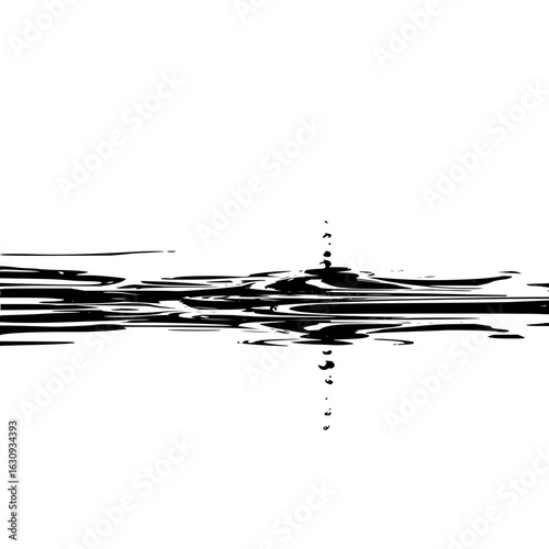 Black and white illustration of a liquid surface with a drop falling and causing ripples in the water