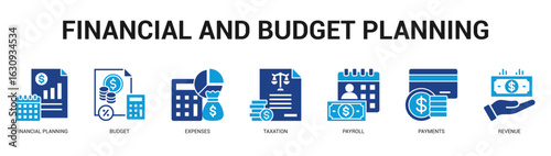 Financial and Budget Planning Modern and clean web banner illustration featuring thematic icons for visual communication