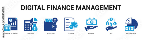 Digital Finance Management Modern and clean web banner illustration featuring thematic icons for visual communication