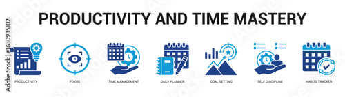 Productivity and Time Mastery Modern and clean web banner illustration featuring thematic icons for visual communication
