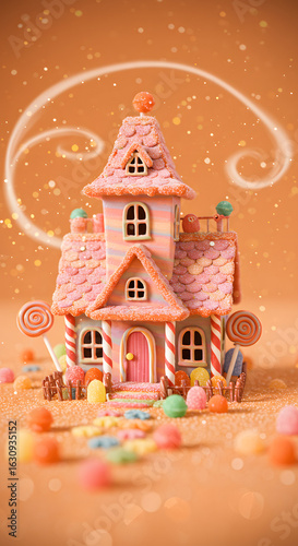 Miniature haunted house with candy-like textures surrounded by floating sparkles