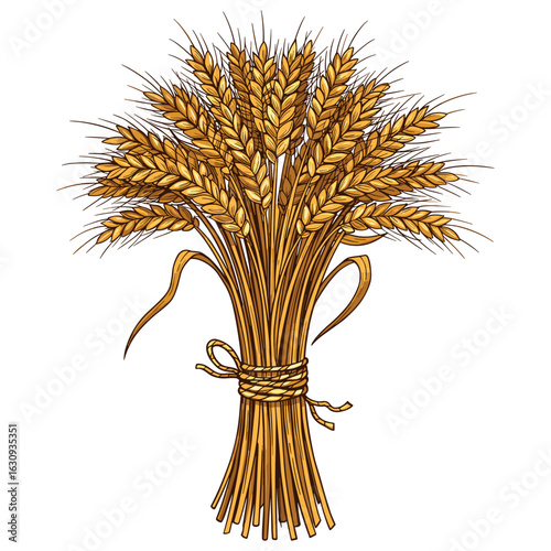 Golden wheat sheaf illustration with ribbon tied stalks. Vector illustration