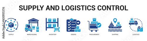 Supply and Logistics Control Modern and clean web banner illustration featuring thematic icons for visual communication
