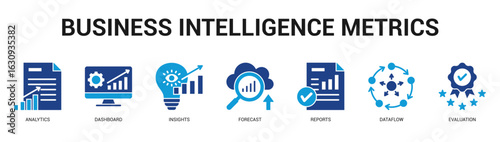 Business Intelligence Metrics Modern and clean web banner illustration featuring thematic icons for visual communication
