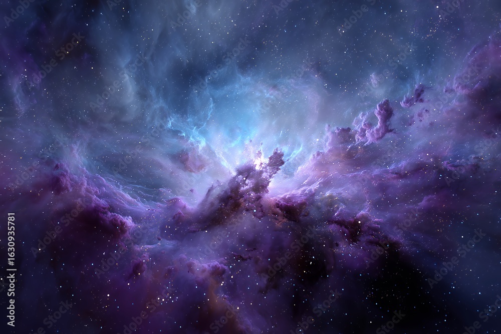 Fototapeta premium Stunning deep space nebula with vibrant purple and blue cosmic clouds.