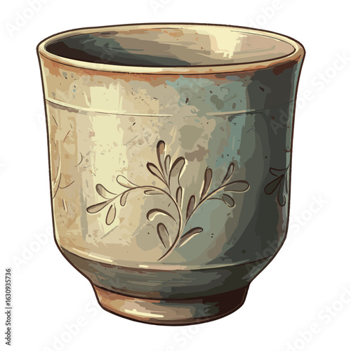 Detailed ceramic cup with floral design and earthy tones. Vector illustration