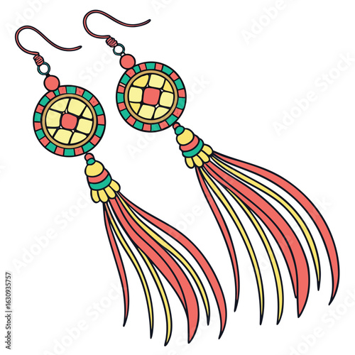 A pair of long, colorful, beaded fringe earrings with a vibrant, eye-catching design