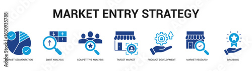 Market Entry Strategy Modern and clean web banner illustration featuring thematic icons for visual communication
