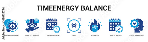 TimeEnergy Balance Modern and clean web banner illustration featuring thematic icons for visual communication