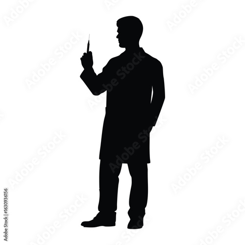 Silhouette of a doctor holding a syringe in a professional pose.