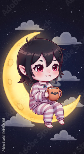 Cozy chibi vampire in pajamas drinking cocoa on a crescent moon with stars in soft sky