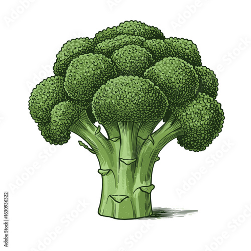 Detailed green broccoli illustration with lush florets and stalk. Vector illustration