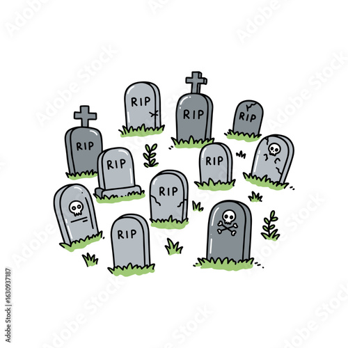 Cartoon graveyard with multiple tombstones and skulls on grass. Vector illustration