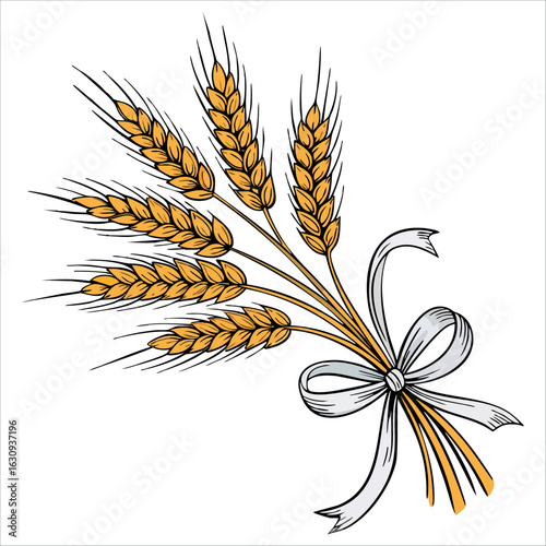 Cartoon style organic wheat golden plant decoration with rye grains cereals. Rural farming outline art perfect for agricultural and natural themed vector designs.