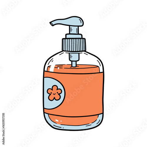 Transparent soap dispenser with pump and orange label. Vector illustration
