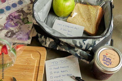 фотографія Still life of a packed school lunch with a sweet note.