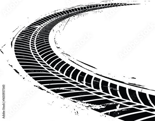 Tyre Tracks: Black and white illustration of the imprint left behind by tyres curving across a surface.