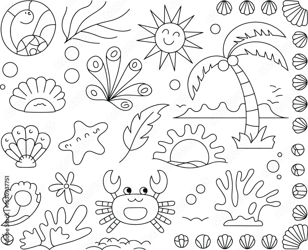 Fototapeta premium Whimsical Beach Day Doodle: A collection of playful, black-and-white line art doodles captures the essence of a sunny beach day. From seashells and starfish to a friendly crab and palm tree.