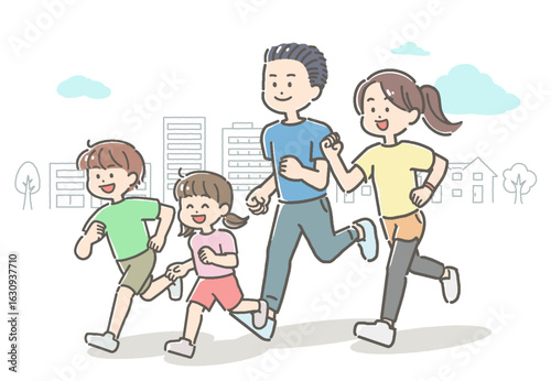 屋外でジョギングするファミリーのイラスト
