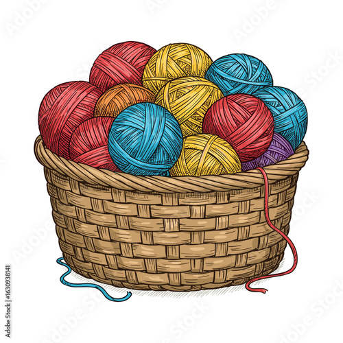 Colorful yarn balls in woven basket. Vector illustration