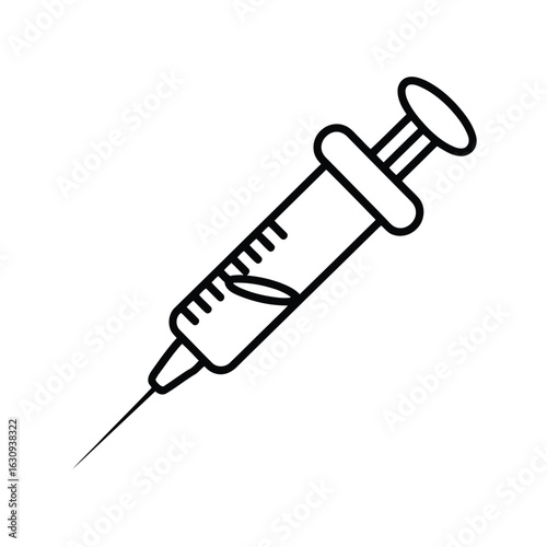 Medical injection tool with liquid inside and sharp needle syringe