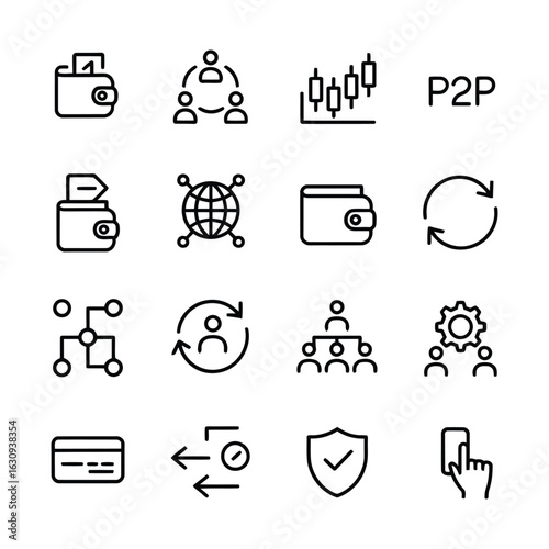 Minimalist black line icons representing finance technology and business concepts vector