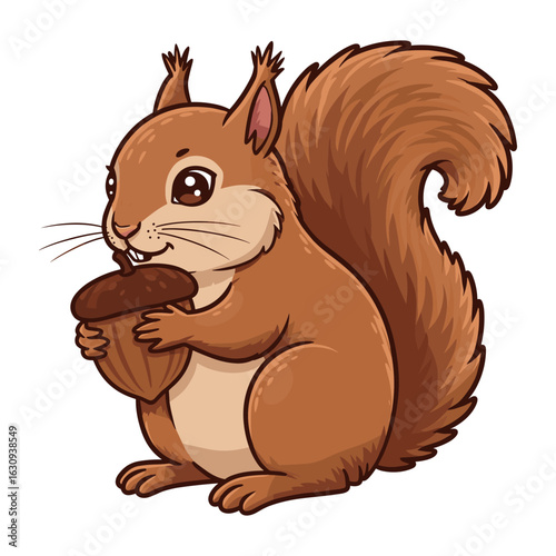 Cute cartoon squirrel holding acorn with bushy tail and whiskers. Vector illustration