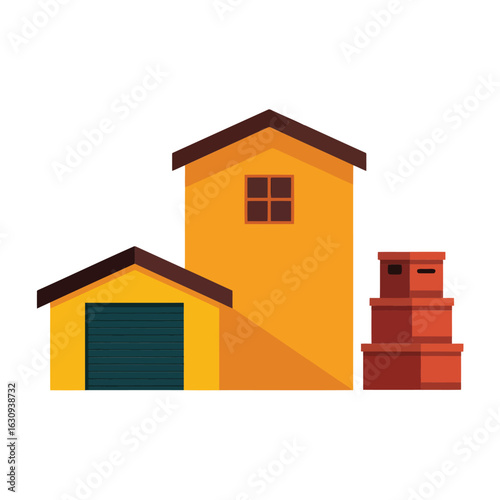 Stylized yellow building with dark roof and garage door next to stacked boxes house window