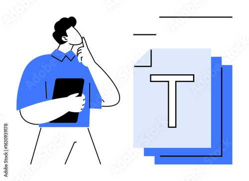 Person deep in thought with a tablet, large text pages in focus. Ideal for creativity, planning, brainstorming, content strategy, decision-making, education, simple landing page