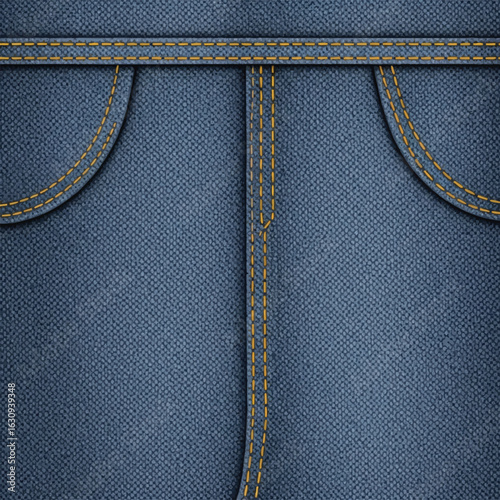 Close-up of blue denim jeans with visible stitching and pocket details.
