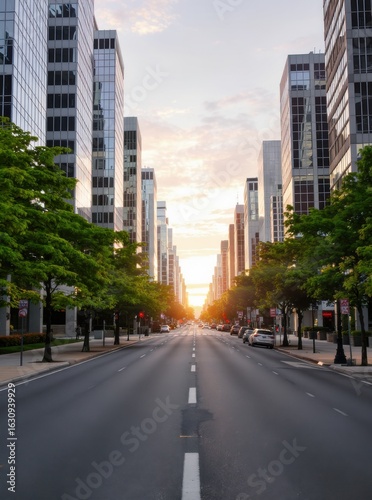 Golden Hour Sunlight Illuminates City Street Lined with Modern Glass Skyscrapers and Lush Green Trees