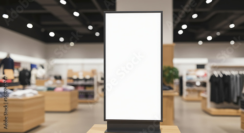 Blank vertical advertising screen mockup in a modern retail clothing store. Empty digital signage lightbox for promotion.