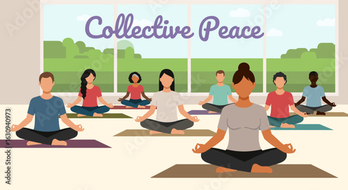 Collective peace of diverse ethnicity people meditating in a yoga studio