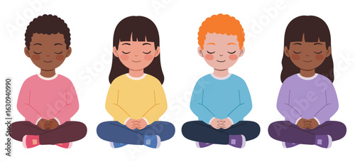 Group of diverse ethnicity kids meditating